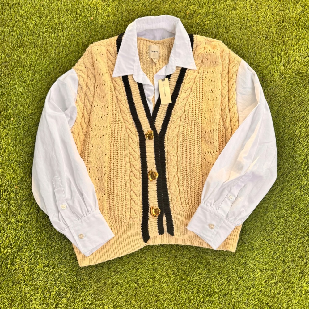 NWT Anthropology Maeve Beige Sweater Knit White Collared Shirt Combo Size S‎